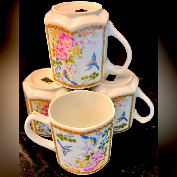 Homco Japan 4 Mugs Cups Hexagon Gilded Peonies Bluebirds Bridgerton China Gift - Picture 3 of 17